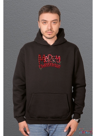 Bumeta Klasik Yılbaşı Merry Christmas Baskılı Sweatshirt Unisex Kapüşonlu Hoodie Siyah