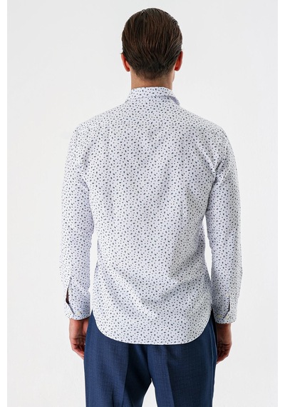 İmza Beyaz Uzun Kollu Baskılı Bez Ayağı Düğmeli Yaka Cepsiz Pamuklu Slim Fit Gömlek 1004235170 Duman Beyaz