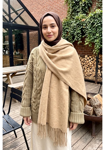 Remsa Kadın Yumuşak Dokulu Püskül Detay 200x70cm Atkı Omuz Şalı 1333 Bej