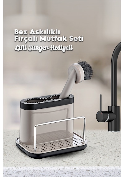 Grimorlife Fırçalı Telli Mutfak Seti Bej- Standlı Plastik Mutfak Lifli Sünger Hediyeli Bej