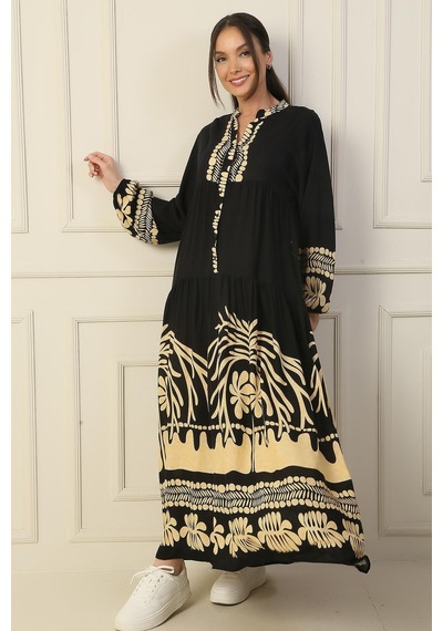 By Saygı Önü Yarım Düğmeli Kolu Lastikli Empirme Tesettür Uzun Elbise-36232-camel Camel