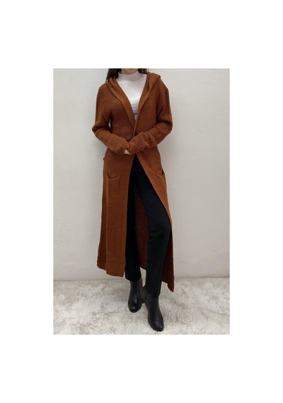 Onno Style Women Selanik Kapşonlu Uzun Hırka Kiremit