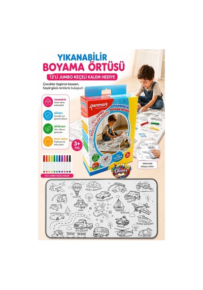 Yıkanabilir Boyama Örtüsü Taşıtlar 100x15 Cm 1 Paket 12 Renk Jumbo Keçeli Kalem Penmark