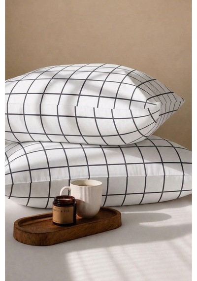 Beyaz Kare Desenli Pamuklu Ranforce Kumaş Fermuarlı Yastık Kılıfı 2 Adet 50x70 Cm Antrasit