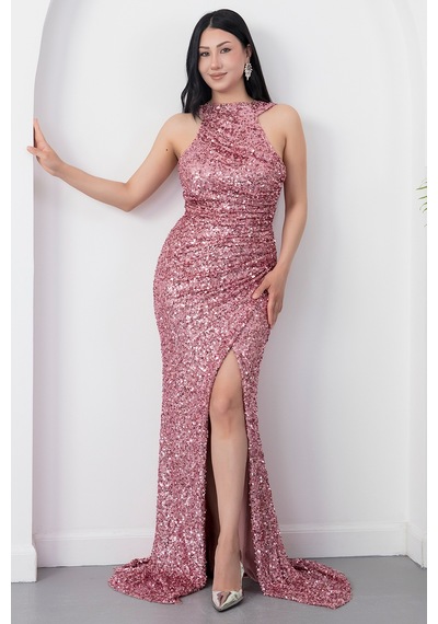 Kalopya Halter Yaka Yırtmaçlı Pulpayet Elbise Ecr5482 Pudra