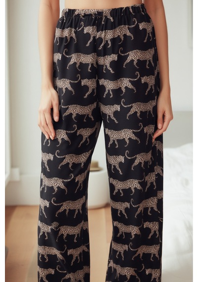 Laperissa Siyah Kaplan Desenli Viskon Dokuma Pijama Altı
