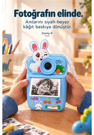 Kj/zm-003 Zoomy-r Tavşan Figürlü Anında Baskılı Çocuk Fotoğraf Makinesi, Çift Kamera, 2,4 İnç Ekran, 1080p Video, 3+ Yaş Mavi