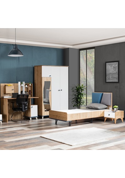 Lotus Genç Odası Takım Karyola, Dolap, Komodin, Çalışma Masası Beyaz
