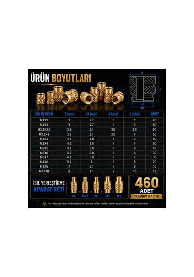 Tıcaro 460 Adet Pirinç Insert Somun Seti, M2 M2.5 M3 M4 M5 M6, Isıl Yerleştirme Diğer