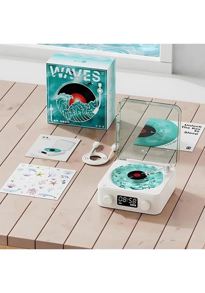 Just Cheap Store Waves Nostalji Plak Görünümlü Bluetooth Hoparlör 3d Ses Dalgası Retro Müzik Plak Mavi