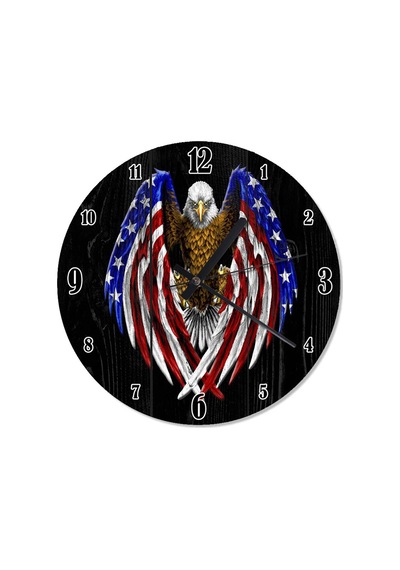 Ahşap Zeminde Amerikan Bayrağı Kanatlı Kartal Duvar Saati Ahşap