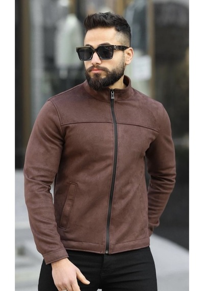 Premium Örme Triko Kol Dik Yaka Süet Ceket Kahve