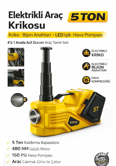 Elektrikli Hidrolik Kriko Hava Pompası Bijon Anahtarı Bijon Anahtarı Led Işık 4'ü 1 Arada Acil Durum Araç Tamir Seti