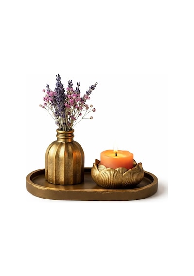Mireva Lotus Tealight Mumluk Ve Mini Vazo Seti Dekoratif Tepsi Üzerinde Altın Renk Mumluk Seti, Masa &amp Sehpa E Çok Renkli