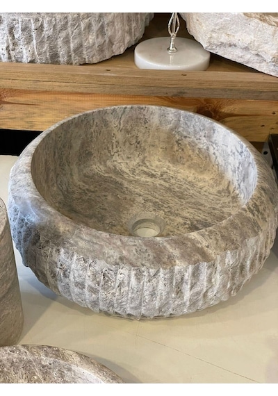Yeni Silver Gümüş Traverten 9'lu Lavabo Ve Kaseli Banyo Takımı Beyaz