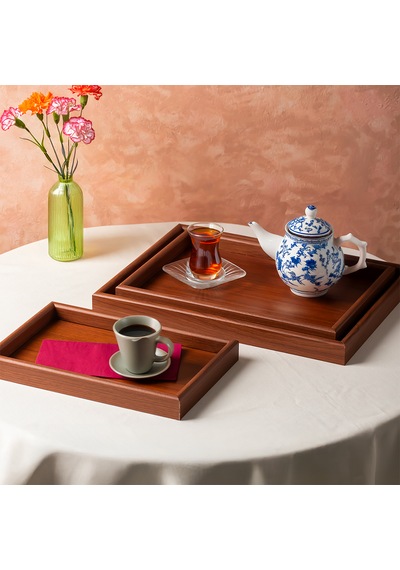 Porsima 130105045 Ahşap Tepsi 3lü Set Çay Kahve Bambu Sunumu Tepsi Seti Ahşap
