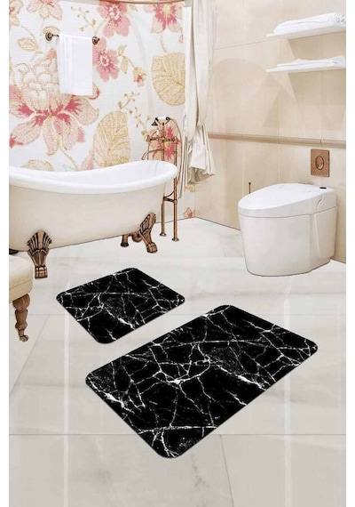 Siyah Mermer Görünümlü Banyo Halısı Klozet Paspas Seti Bs304n11