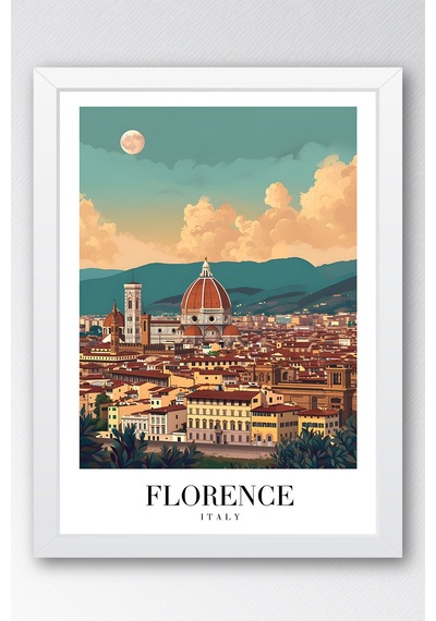 Florence Italy Vintage Seyahat Posteri Çerçeveli Tablo - Premium Floransa Elit Duvar Dekoru Beyaz