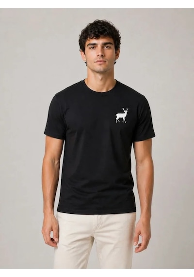 Efnaz Style Erkek Minimal Geyik Logolu Tişört Bisiklet Yaka Kısa Kol Yazlık T-shirt - Siyah