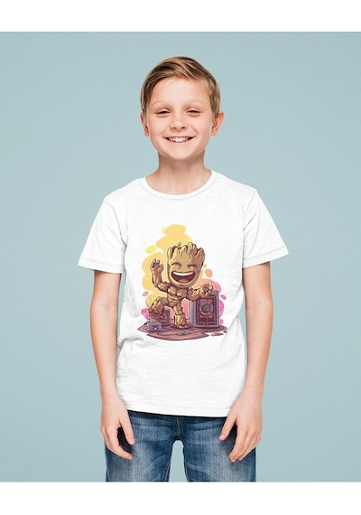 Sevbano Avengers Groot Baskılı Unisex Yenilmezler Film Çocuk Tişört 1-12 Beyaz
