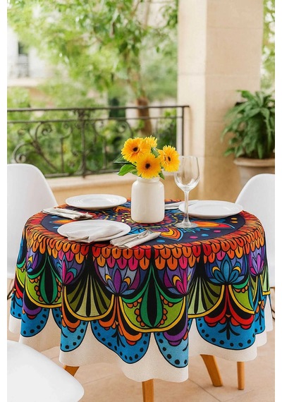 Yuvarlak Etnik Desenli Duck Kumaş Masa Örtüsü 150x150 Cm Çok Renkli