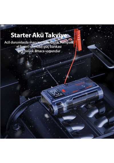 Turbo Akü Takviye Ve Lastik Şişirme Pompası Powerbank Özellikli Akü Starter Acil Durum Kiti