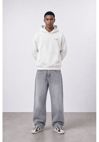 Respire Erkek Carpet Patch Detaylı Oversize Hoodie Ekru