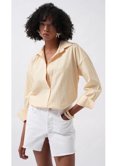Defymoda Çizgili Detay Oversize Gömlek Sarı