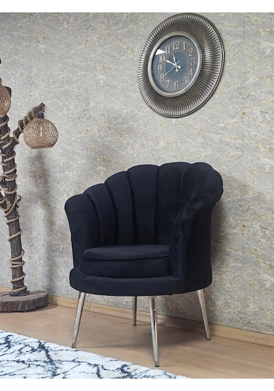 Zafir Tekli İstiridye Krom Kaplama Sivriltme Ayak Çay Seti Koltuk Tekli Berjer , Balkon, Salon, Ofis Siyah