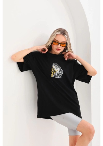Assema Kadın Baskılı T-shirt Kısa Kol Bisiklet Yaka Ovarsize Rahat Kalıp Günlük Tişört - Siyah Çok Renkli