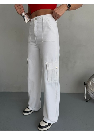 Gabardin Pantolon Wide-leg Fit Yüksek Bel Kargo Cepli Beyaz