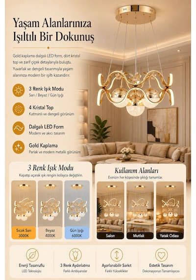 Ey-El Tasarım Modern 4 Lü Ledli Gold 3 Renk Sarkıt Avize Gold