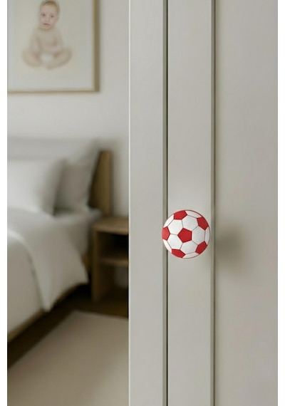 5 Adet Futbol Topu Çocuk Odası Mobilya Kulbu Seti - Polyester - Tek Vidalı Dolap Ve Çekmece Kulpları Kırmızı
