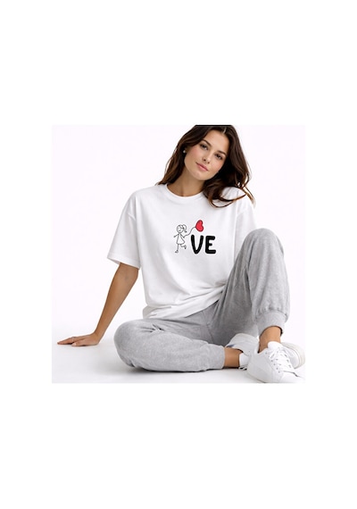 Sevgili Kombini Love Baskılı Çift Tişört Oversize Unisex Partner Beyaz
