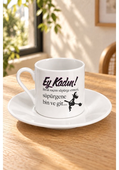 Ey Kadın Baskılı Tabaklı Türk Kahvesi Fincanı Beyaz