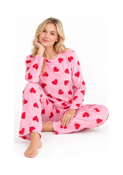 Sleeeproom Kadın Süet Mevsimlik Kalp Desen Pudra Pijama Takımı Kırmızı - Pembe