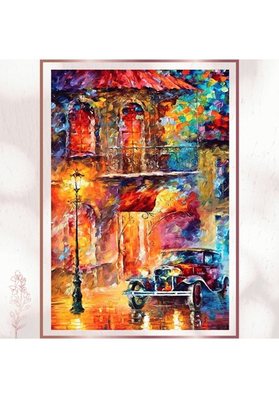 Retro Araba Ve Yağmurlu Sokak Pvc Tablo - Renkli Vintage Pvc Tablo