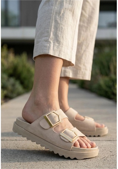 Look Shoes Herşeytrend Tonda Bej Süet Tokalı Terlik Bej