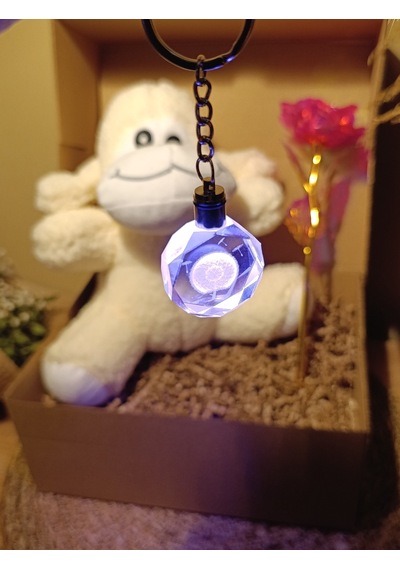 Kutulu Hediye Seti / Peluş Kuzu 24cm - Renk Değiştiren Işıklı Anahtarlık - Sonsuzluk Gülü