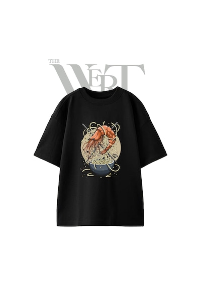 Thewert Shrimp Noodle Tasarım Baskılı Ünisex Siyah Oversize T-shirt