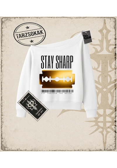 Tarzsokak Gotik & Grunge Streetwear Stay Sharp Kayık Yaka Sweatshirt Beyaz