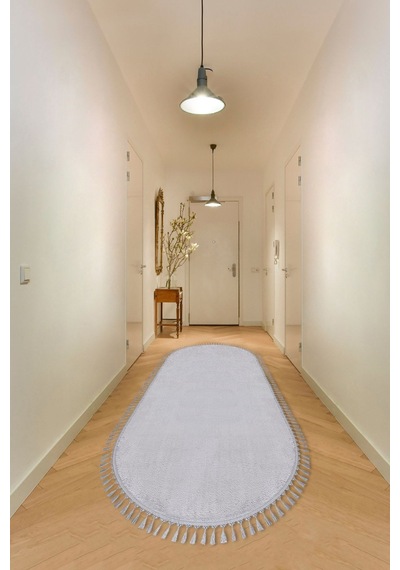 Vl Oval Comfort Overloklu Peluş Yolluk Açık Gri Oval Gri Ponpon