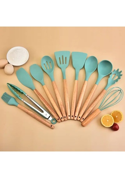 12 Parça Bambu Saplı Silikon Kepçe Spatula Mutfak Seti, Gümüş