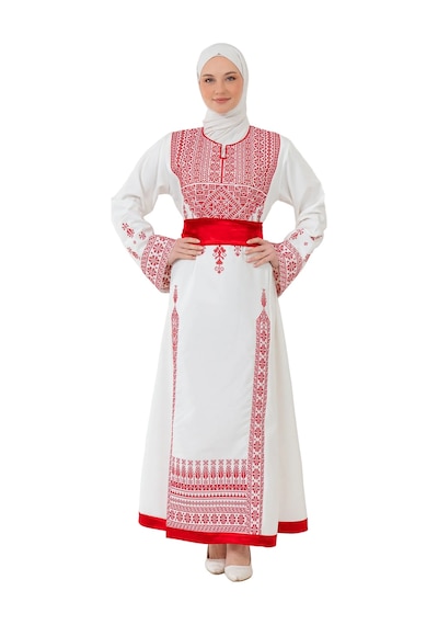 Zaytoon Filistin Nakışlı Modern Beyaz Kaftan Elbise - Geleneksel Şıklık Kırmızı