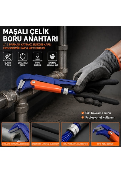 Hcs Prolıne Cr-v Maşalı Çelik Boru Anahtarı 1" Parmak 90 C Burun Silikon Kaplı Ergonomik Sap