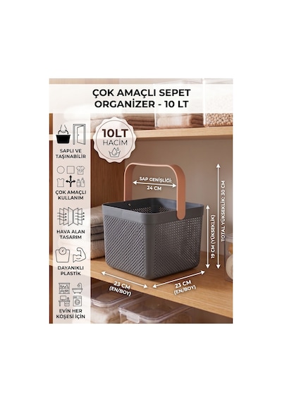 Dolap İçi Düzenleyici, Banyo, Mutfak Organizeri Kulplu Sepet, Dekoratif Saklama Kutusu, Banyo Düzenleyici Organizer 10lt Antrasit - Gri