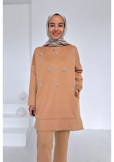 Kahijab Bisiklet Yaka Taşlı Scuba Takım - Camel
