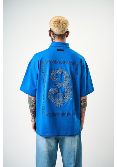 Respire Erkek 3 Nakışlı Yarım Fermuarlı Oversize T-shirt Mavi