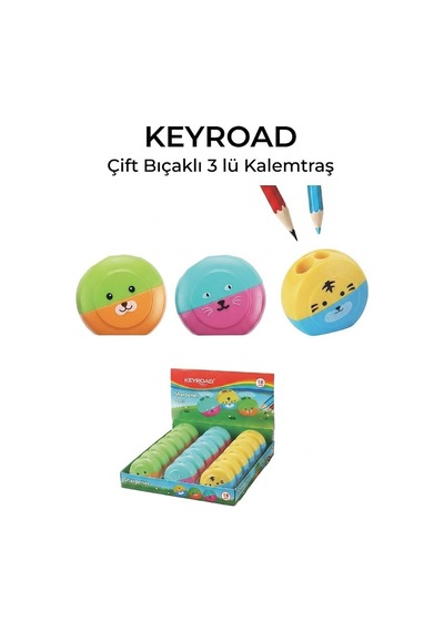 Renkli Sevimli Kalemtraş Keyroad Kr-971839 3 Adet Hazneli Çift Bıçaklı Kalem Açacağı Plastik Kalemtıraş Kalem Traş Okul