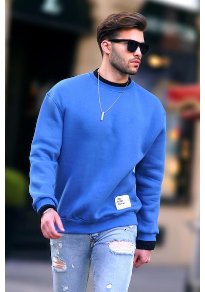 Madmext İndigo Bisiklet Yaka Oversize Şardonlu Arma Detaylı Erkek Sweatshirt 7043-indigo İndigo